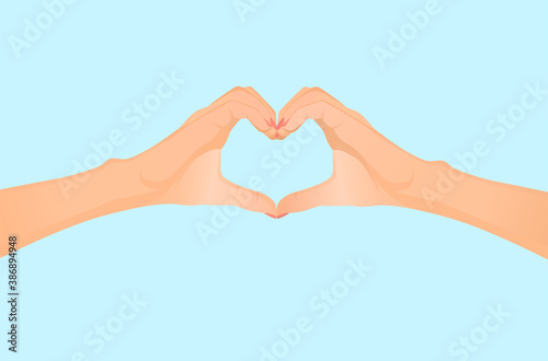 Two hands in the form of a heart on a blue background. Vector flat illustration for postcard, valentine, love, medicine, coronavirus.