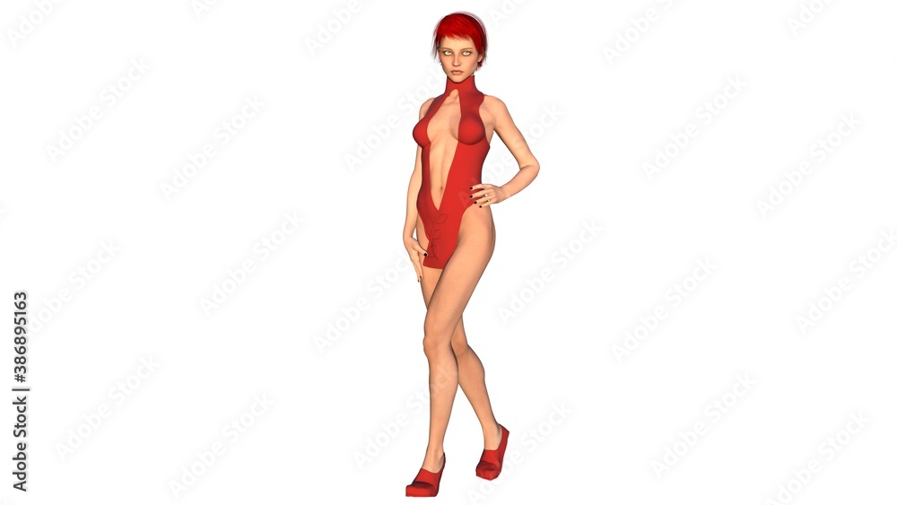 One young girl in open all red futuristic clothes posing in model style for the camera One young girl in open all red futuristic clothes posing in model style for the camera