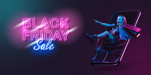 Beautiful woman inviting for shopping right from device screen, black friday, sales concept. Flyer. Cyber monday and online purchases, negative space for ad. Finance and money. Dark neon background.