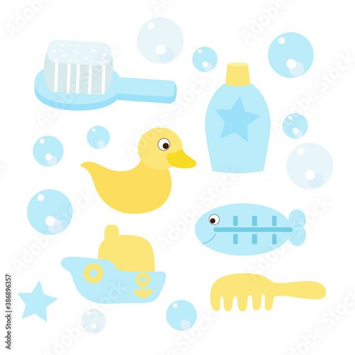 A set of items for bathing a newborn or child: a soft comb, shampoo, a thermometer for water, a rubber duck, a boat and soap bubbles. Cartoon flat style in pastel blue and yellow colors.