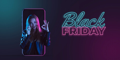 Beautiful woman inviting for shopping right from device screen, black friday, sales concept. Flyer. Cyber monday and online purchases, negative space for ad. Finance and money. Dark neon background.