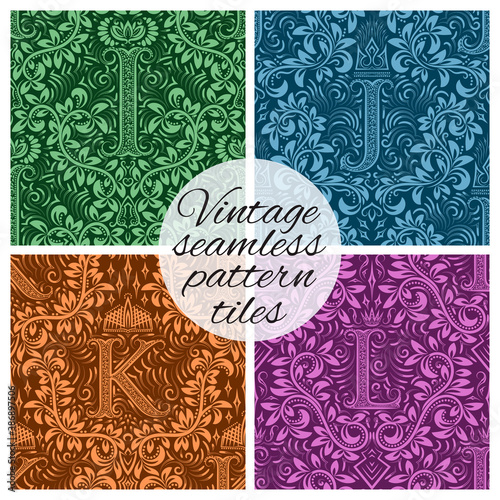 Tiles of vintage seamless patterns for wallpaper design. Set of repeating background swatches in vintage renaissance style. Vintage wallpapers tiles with letters.