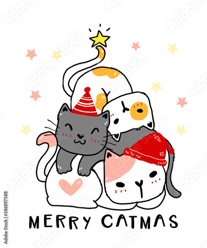 Cute Christmas cat tree, stack of funny kitten cartoon animal hand drawing idea for greeting card