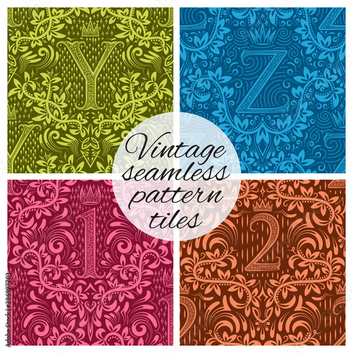 Tiles of vintage seamless patterns for wallpaper design. Set of repeating background swatches in vintage renaissance style. Vintage wallpapers tiles with letters.