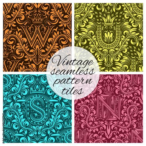 Tiles of vintage seamless patterns for wallpaper design. Set of repeating background swatches in vintage renaissance style. Vintage wallpapers tiles with ornamental letters.