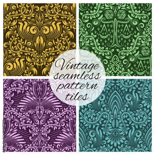 Tiles of vintage seamless patterns for wallpaper design. Set of repeating background swatches in vintage renaissance style. Vintage wallpapers tiles with baroque ornaments.