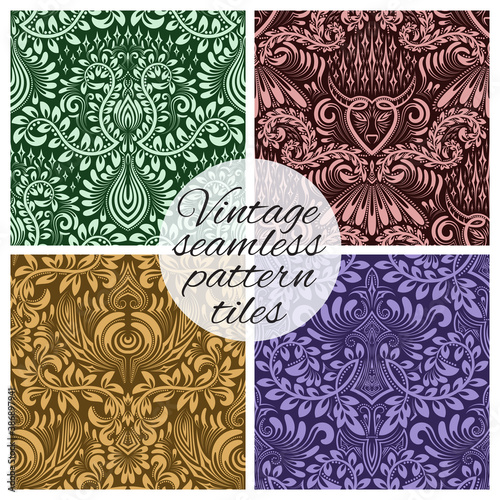 Tiles of vintage seamless patterns for wallpaper design. Set of repeating background swatches in vintage renaissance style. Vintage wallpapers tiles with baroque ornaments.