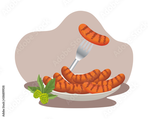 delicious sausages food in dish with fork