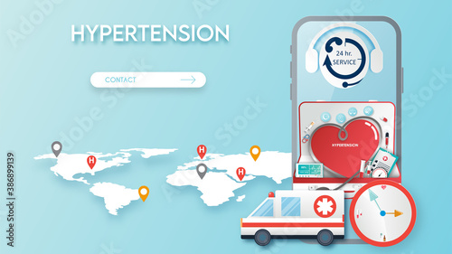 Hypertension patient treatment Concept. Blood pressure monitor. Emergency service with technology.Vector Illustration