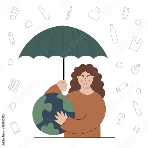 Earth protection concept. Vector illustration of the girl hugging the planet and taking an umbrella above. Saving the globe from garbage. Different trash elements are falling. Environment conservation