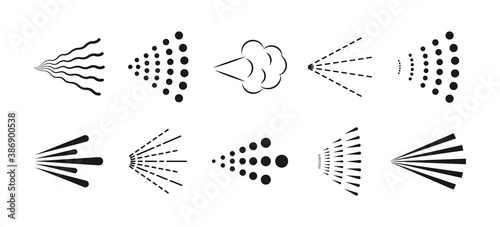 Spray icons set. Aerosol mist from water, paint, deodorant, hair spray. Steam cloud