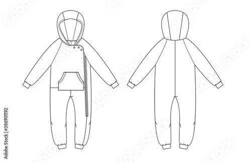 Technical drawing of children's fashion. Jumpsuit with hood