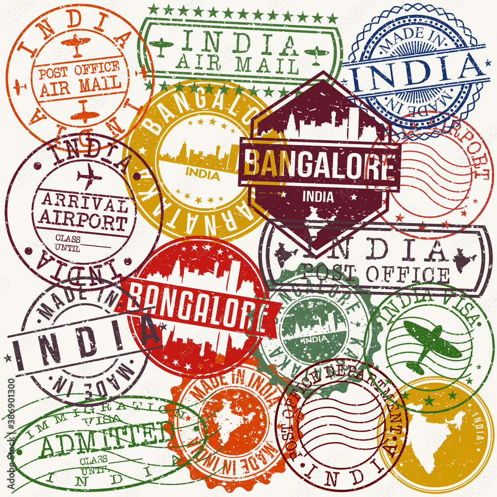 Bangalore India Set of Stamps. Travel Stamp. Made In Product. Design Seals Old Style Insignia.