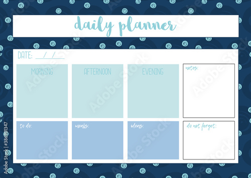 Daily planner for diary, organiser, notebook. Printable A4 planner. Vector Illustration.