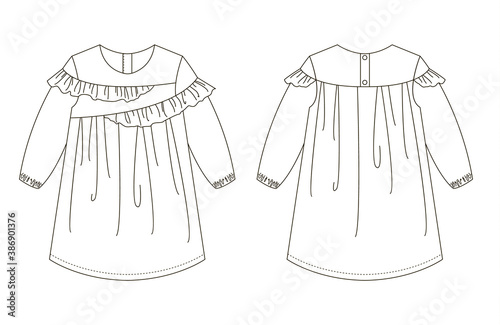 Technical drawing of children's fashion. Summer dress with a frill for Girls. Front and back views