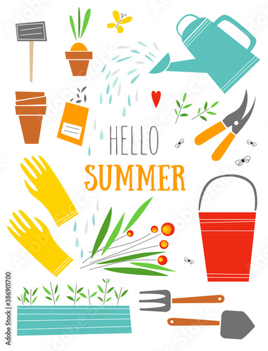 Hello summer! Summer greeting card with the gardening equipment and plants