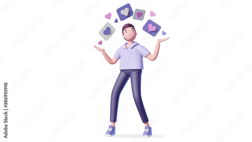 Illustration of 3d man with social media hearts Illustration of 3d man with social media hearts