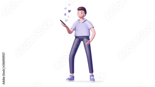 Illustration of 3d man with a smart phone and hearts