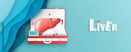 Human liver and treatment paper cut style. A concept hospital for wallpaper and web.