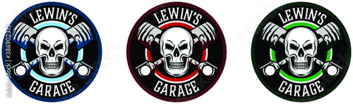 Garage skull logo badge car service repair with pistons. Vector icon design auto transportation logo set. Good for mechanic and auto detailing. Car sales, repair, race, road, auto parts design icons.