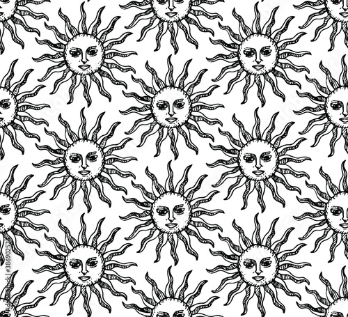 Seamless vector Sun pattern. Thin line medieval illustration of Sun with face. Astrology 10 eps background for design, fabric, textile, cover, wrapping