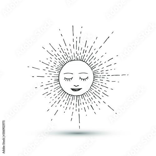 Sun with face icon. Thin line vector astrology Sun illustration. 10 eps design for logo, emblem, label, banner.