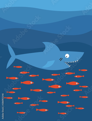 Underwater world illustration. Shark and little fishes floating in the sea