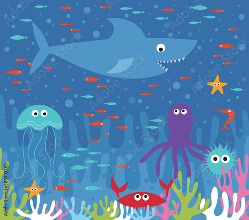 Underwater world illustration. Shark, sea animals and fishes floating near coral reef