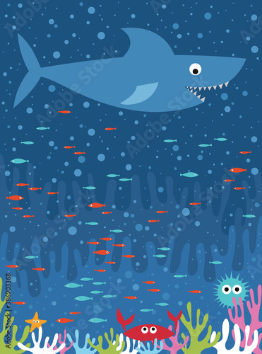 Underwater world illustration. Shark and little fishes floating in the sea