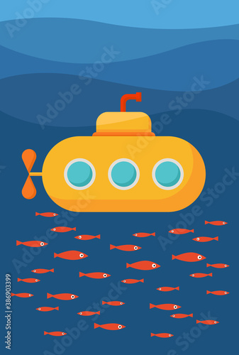 Underwater world illustration. Yellow submarine and fishes are swimming in the sea