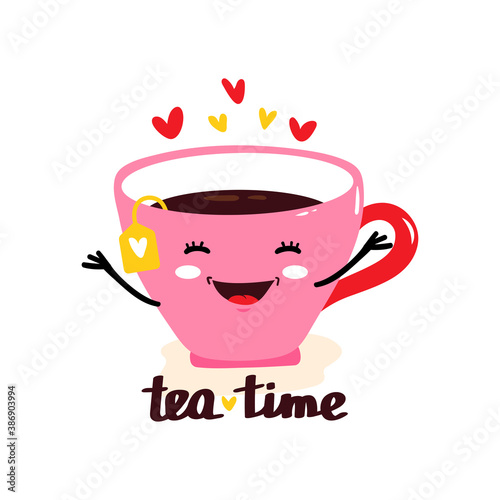 Cute flat kawaii Mug with Tea and Tea Package. Happy morning, tea time vector Illustration.