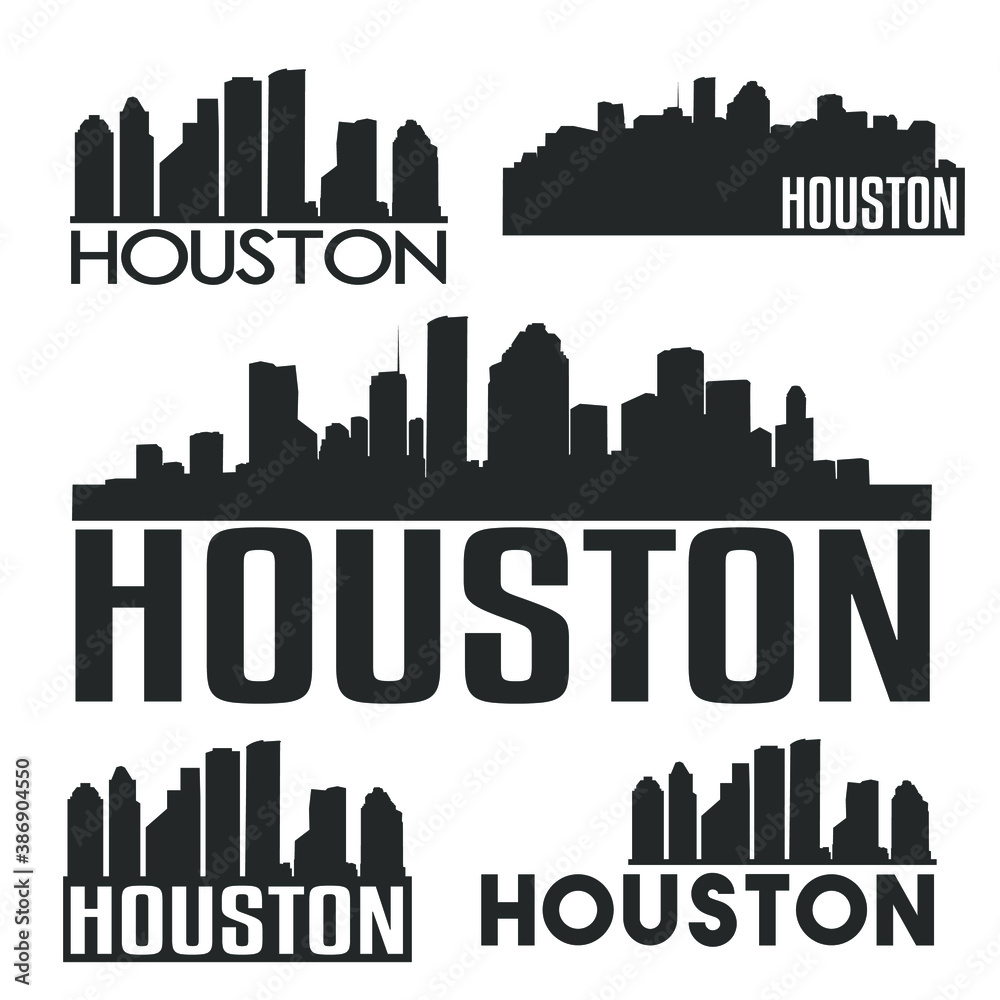 Houston Texas USA Flat Icon Skyline Silhouette Design City Vector Art Famous Buildings Color Set Logos.
