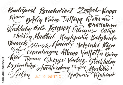 Seamless pattern with european capitals. Hand drawn lettering background. Ink illustration. Modern brush calligraphy. Isolated on white background. Collection of cities.
