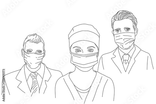 A group of people. Doctors, nurses, women in medical masks. Line contour drawing on a white background. Covid Prevention Concept - 19 or Coronavirus 2019 -nCov. Vector illustration 