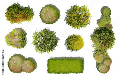 Collection of abstract watercolor green tree top view isolated on white background  for landscape plan and architecture layout drawing, elements for environment and garden.  