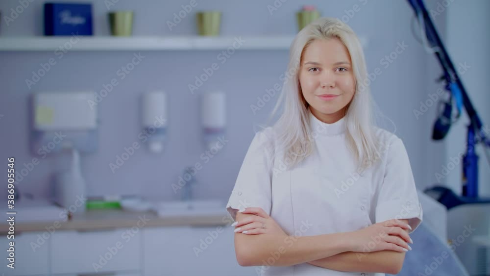Doctor Or Dentist Portrait In Hospital Or Clinic Young Blonde Caucasian Confident Attractive Woman Slow Motion Medical Aesthetic Medicine Concept