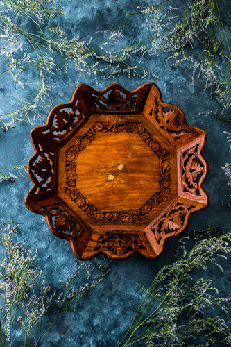 Wood plate with blue and gray background