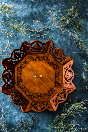 Wood plate with blue and gray background