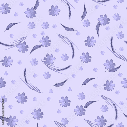 Watercolor vintage pattern. Seamless background with a pattern - blue flower cornflower, cloves.spikelet, cereal.Beautiful splash of paint, art background for fabric, paper, textiles. Blue wild flower