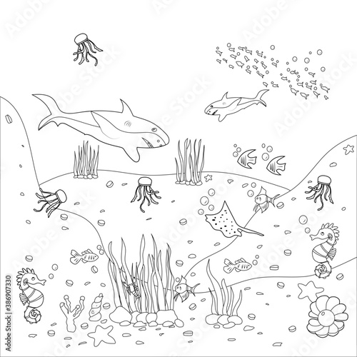 Underwater life, sea or ocean. Tropical fishes and algae. Doodle drawing anti-stress coloring books page for adults or children. Flat Vector Illustration