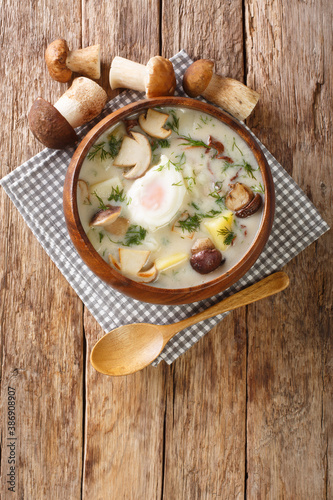 Kulajda is a Czech cuisine soup made with sour cream potatoes dill wild mushrooms and egg close-up in a bowl on the table. Vertical top view from above