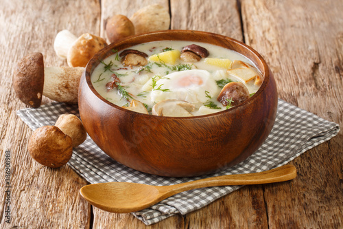 Southern Bohemian Potato Mushroom Soup Kulajda close-up in a bowl on the table. Horizontal