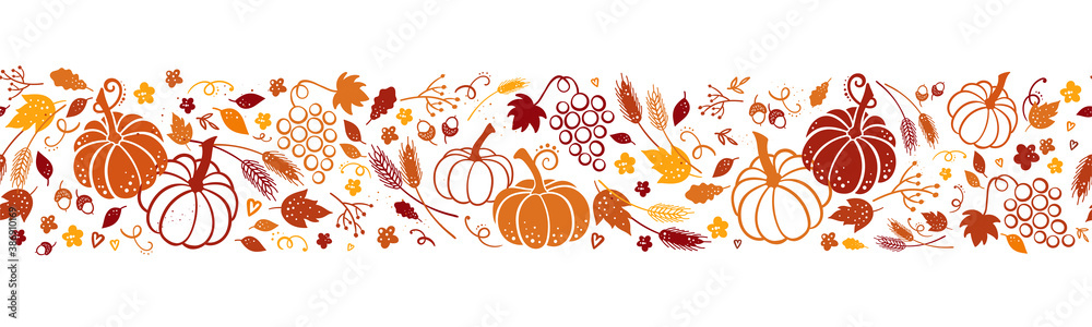 Cute hand drawn Thanksgiving seamless patten with leaves, pumpkins and decoration. Great for autumn themes, textiles, banners, wallpapers - vector design Cute hand drawn Thanksgiving seamless patten with leaves, pumpkins and decoration. Great for autumn themes, textiles, banners, wallpapers - vector design