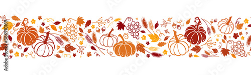Cute hand drawn Thanksgiving seamless patten with leaves, pumpkins and decoration. Great for autumn themes, textiles, banners, wallpapers - vector design