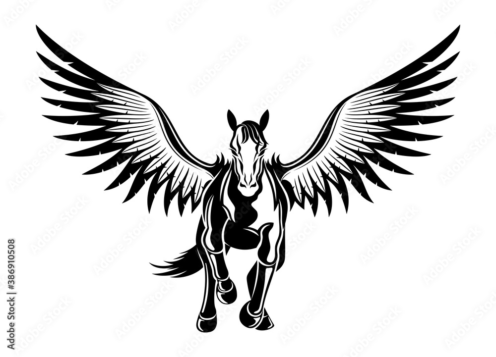 Black icon of flying pegasus on white background. Black icon of flying pegasus on white background.