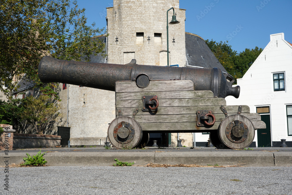 Historic cannon in the harbor of Zierikzee in the Netherlands