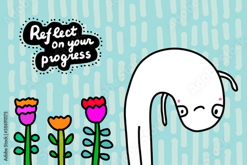 Reflect on your progress hand drawn vector illustration in cartoon doodle style man looks himself
