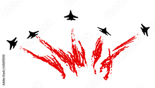 Aerobatic team with fighter aircrafts contrails. Vector silhouette