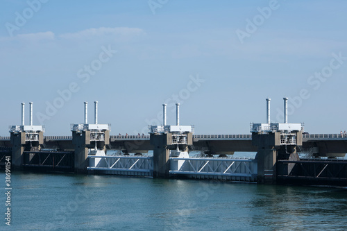 the zeelandbrug deltaworks in holland at the Oosterschelde river to protect holland form high sea level, this is near the dutch museum neeltje jans