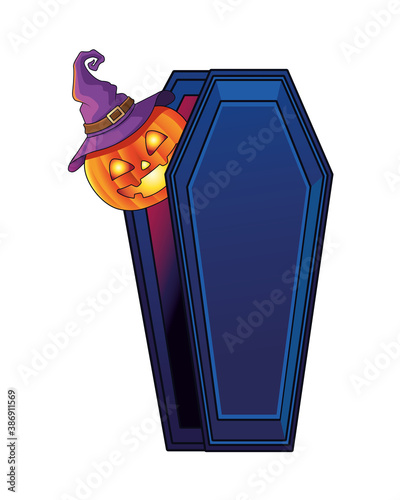 halloween pumpkin in coffin isolated icon